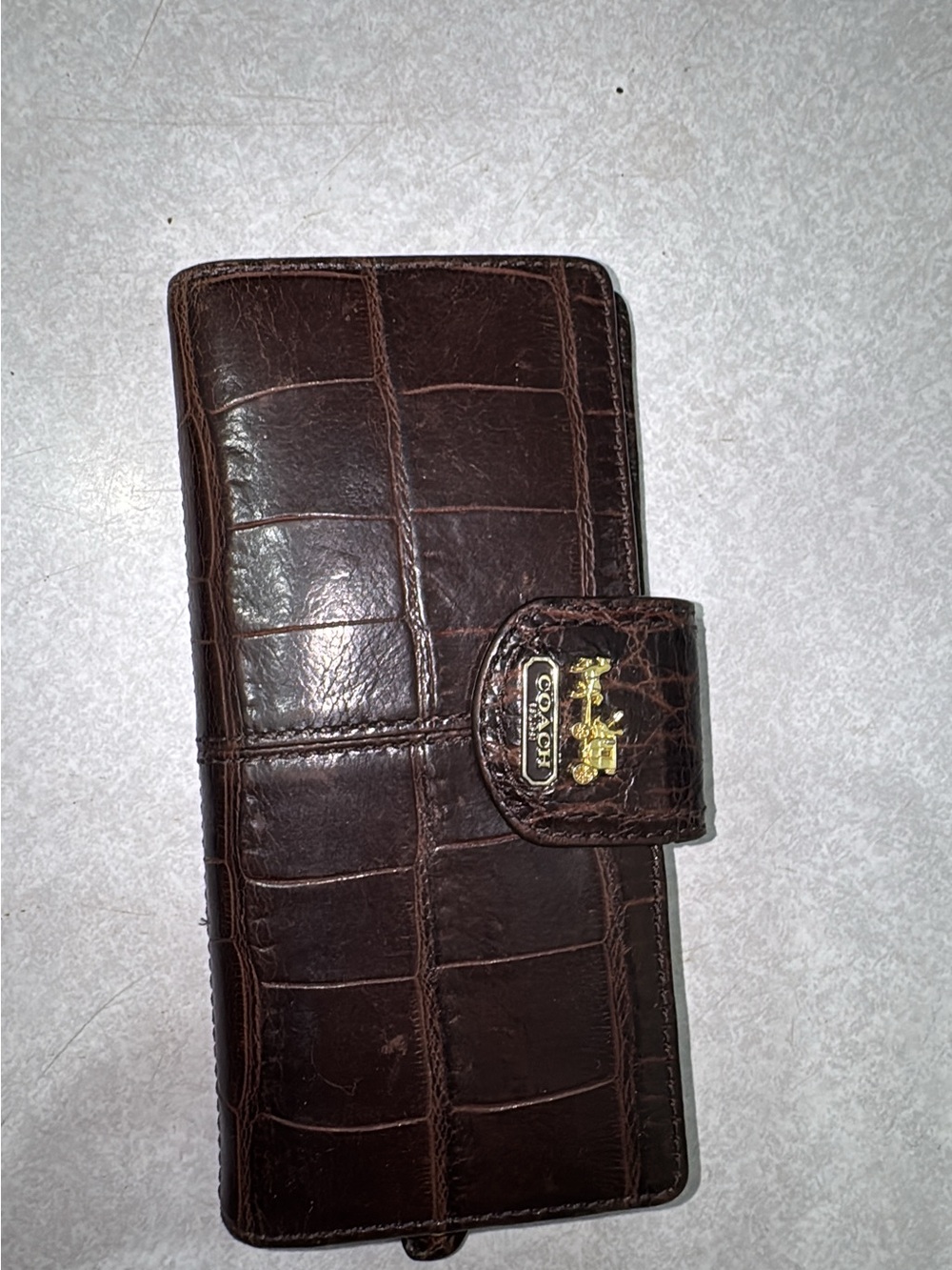 Coach Brown Croc-Embossed Leather Snap Wallet with Gold Logo